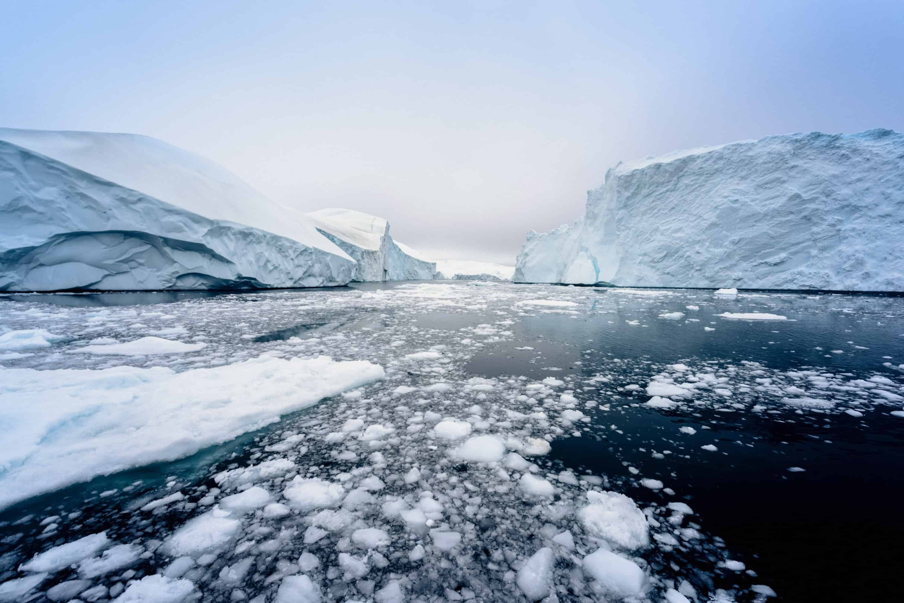 جبال جليدية في القطب الشمالي في البحر بجانب غرينلاند.
